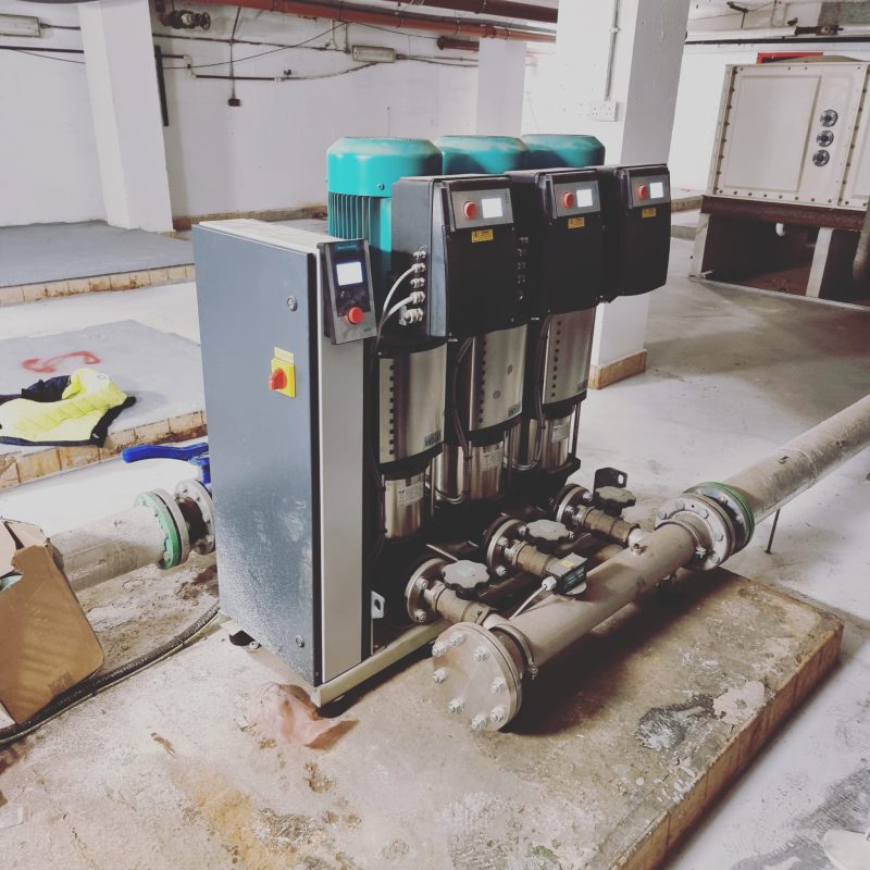 Water booster set in a commercial plant room